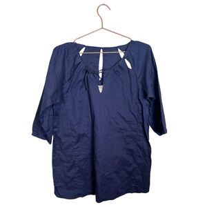 NWT Gretchen Scott Designs Women's Small Cutout Neckline Cotton Blouse Blue